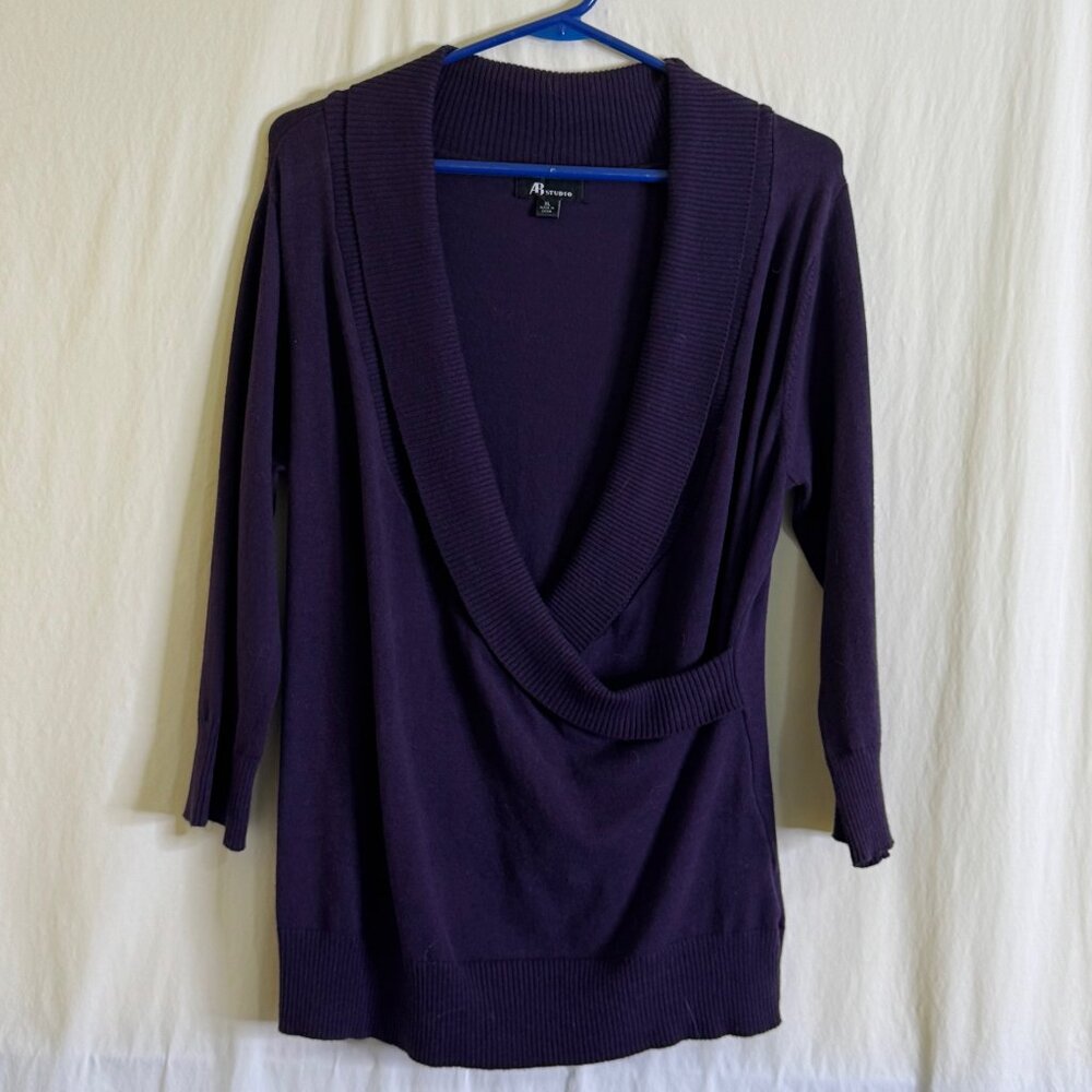 NWOT AB Studio Faux Wrap V-Neckline Purple 3/4 Sleeve Knit Sweater Top Size XL